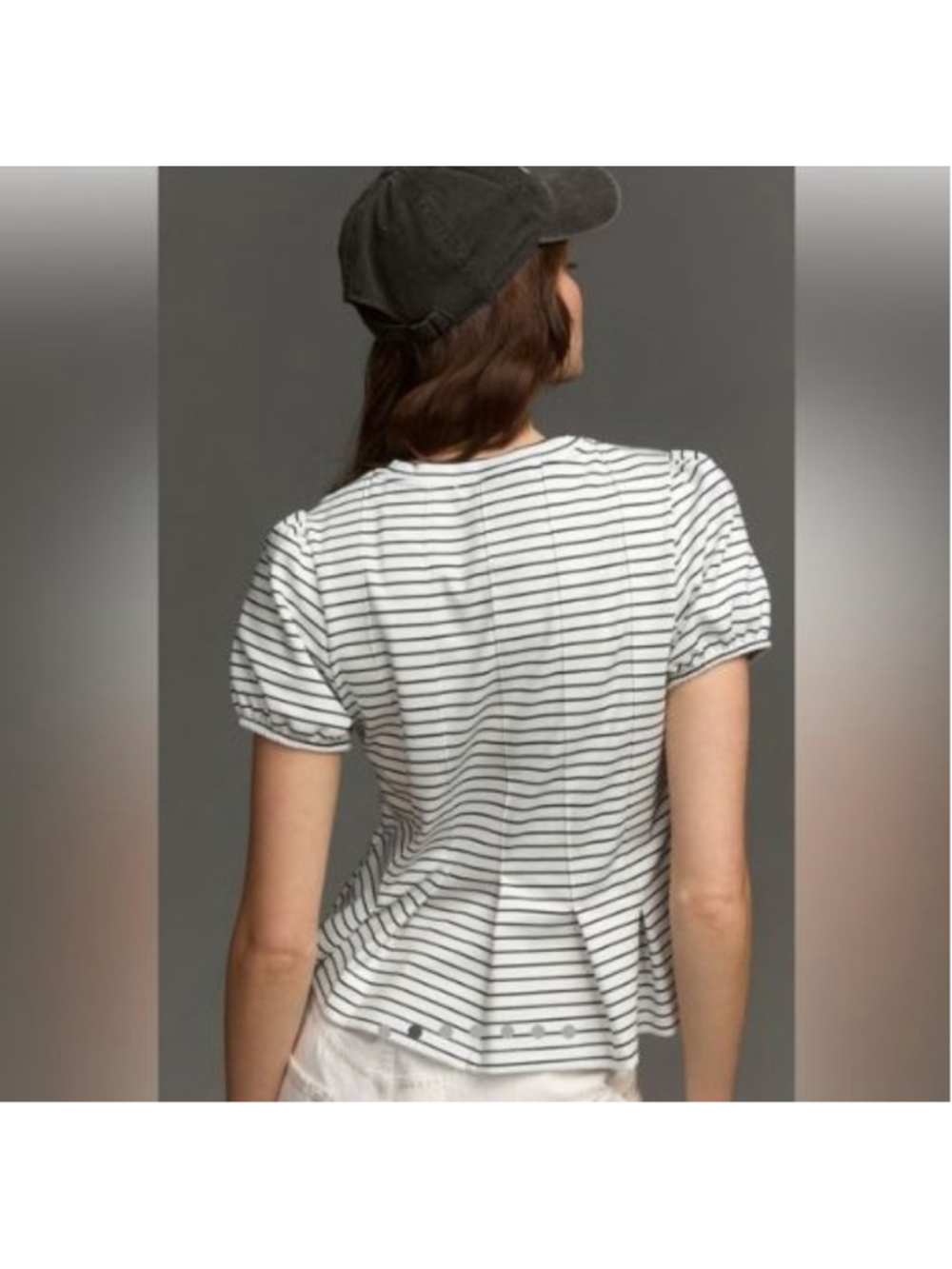 Maeve Anthropologie Corset Peplum White/Black Striped Cap Sleeve Tee NWT XS - Picture 3 of 8